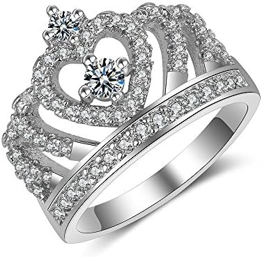 Princess Crown Tiara Rings for Women Girl Cubic Zirconia Diamond Exquisite Platinum Plated Engagement Wedding Size 7 with Jewelry Gift Box