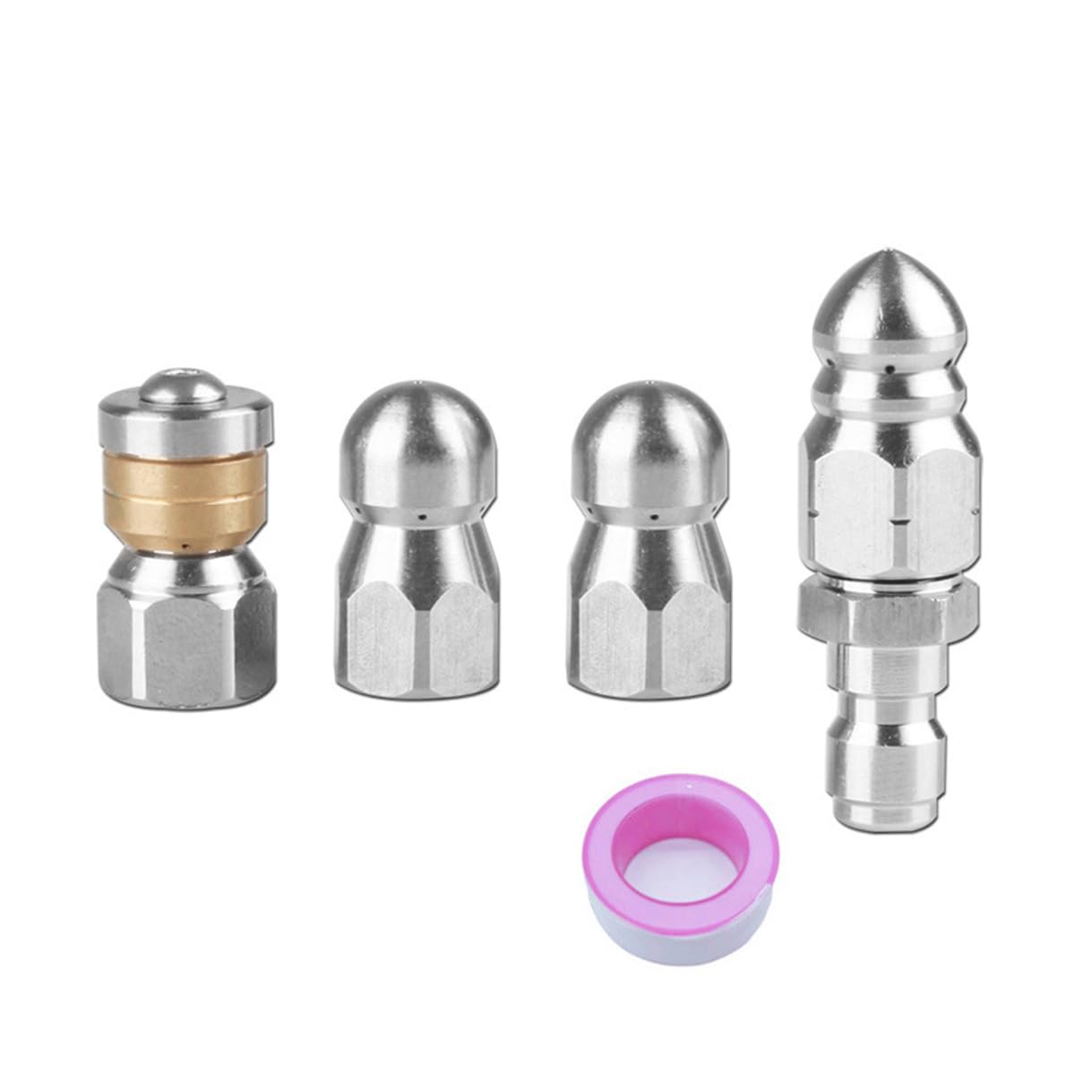 Alnicov Sewer Jet Nozzle Kit 4 Piece Drain Jetting Nozzles Stainless Steel Sewer Jetter Nozzles with Rotating Button Nose Spout 1/4 "
