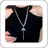 Xduargs Boho CZ Fish Tail Choker Necklace Silver Crystal Long Tennis Chain Necklace Vintage Fish Tail Y Lariat Necklace Adjustable Fish Tail Y Drop Necklace Jewelry for Women