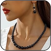Trendy Beaded Black Pearl Choker Necklace Earring for Women, Dark Gothic Simple Beads Dangling Earrings Vintage Party Costume Jewelry Gift Accessories