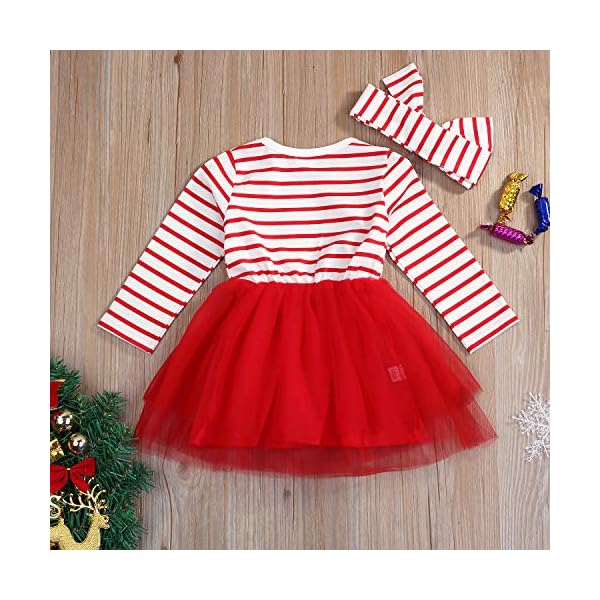 Baby Girl Christmas Outfit Toddlers Kids Santa Print Tutu Tulle Dress Long Sleeve Striped T-Shirt Dress - Image 4
