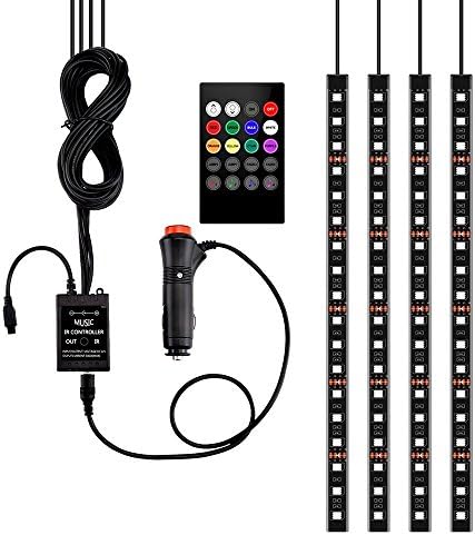 Car LED Strip Light, LLION 4pcs 72 LED DC 12V Multicolor Music Car Interior Light LED Under Dash Lighting Kit with Sound Active Function and Wireless Remote Control, Car Charger Included
