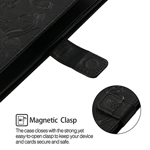 Funyye Wrist Strap Leather Cover for Samsung Galaxy S10,Black Magnetic Flip Butterfly Embossing Flower Pattern Folio Wallet Case with Stand Credit Card Holder Slots Case for Samsung Galaxy S10
