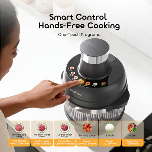Oraimo Glass Chopper & Mincer,One-Touch Programs,600W Meat Mincer with 4 Removable Blade,Mixing dough sticks,5L Large Capacity,Blender Food Chopper for Meat,Vegetable, Fruits,Ice Crushing,Dough, Sauce