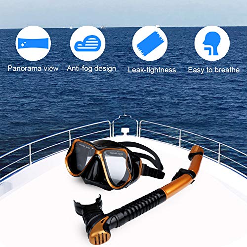 Aritan Snorkeling Snorkel Package Set, Anti-Leak Anti-Fog Coated Glass Diving Panoramic View Clear Tempered Glass Mask, Dry Top Soft Mouthpiece Snorkel Tube, Snorkeling Gear Bag (Golden, Two-Piece)