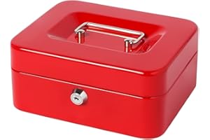 Small Cash Box with Money Tray and Lock, Lovndi Metal Money Box for Cash, Lockbox 7.87 x 6.3 x 3.54 Inches, Red