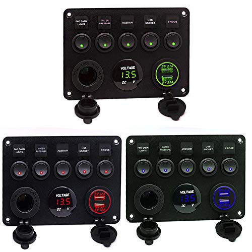Boat Switch Panel 5 Gang Waterproof with Circuit Breakers Toggle Rocker Switch 4.2A Dual USB Charger Cigarette Lighter Socket for RV Car Boat Vehicles Truck Trailer Yacht (GREEN)