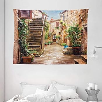 Ambesonne Italian Tapestry, View of Old Mediterranean Street with Stone Rock Houses in Italian City Rural Print, Wide Wall Hanging for Bedroom Living Room Dorm, 80