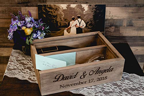 Personalized Wine and Letter Box Keepsake for Wedding Ceremony, Custom Photo on Wood Lid with First Names & Date Engraved on Side