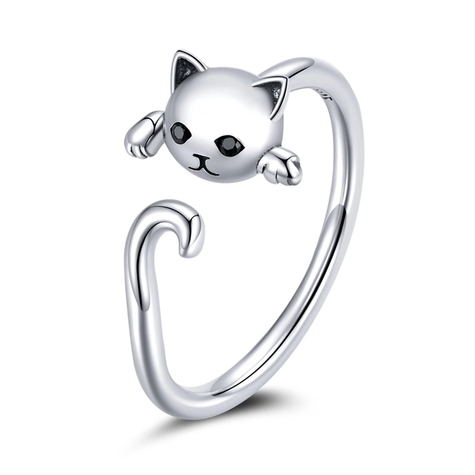 Qings Cute Cat Adjustable Ring 925 Sterling Cubic Zirconia Animal Ring Silver Simple Cute Pet Kitty Wrap Stackable Statement Wedding Engagement Finger Rings Fashion Jewelry Gifts for Girls Women