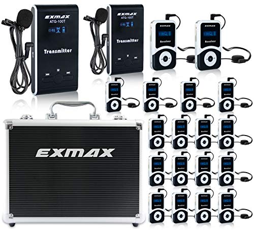 EXMAX Wireless Tour Guide System Audio Voice Transmission ATG-100T 195MHz Simultaneous Interpretation System for Teaching,Conference,Tour Guides (2 Transmitters and 18 Receivers w/Black Case)