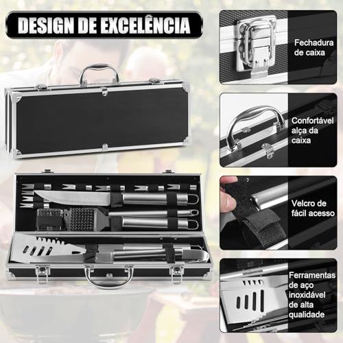 Gavzrt Kit Churrasco, Kit Churrasco 21 Peças, Kit Churrasco Inox, Conjunto Completo de Ferramentas de Churrasco Doméstico, Faca de Churrasco, Kit Churrasco Com Maleta de Alumínio Presente