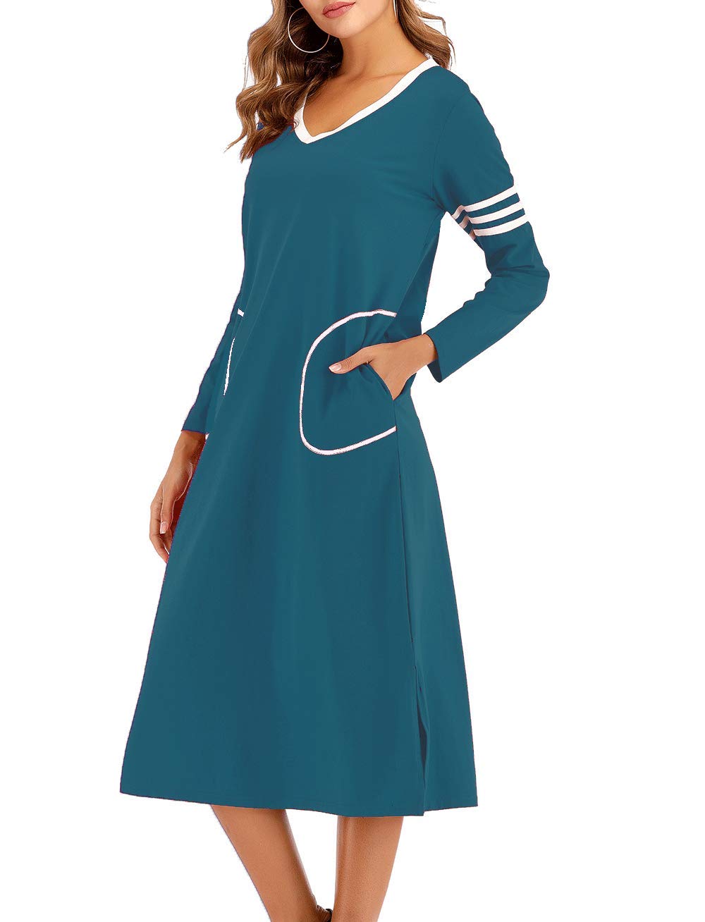 AOVXO Long Nightgown Womens V Neck Long Sleeve Nightshirt Ultra-Soft Cotton Fabric Split Hem Design with 2 Side Deep Pockets (Blue, 2XL)