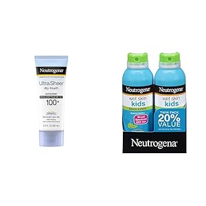 Neutrogena Ultra Sheer Dry-Touch Water Resistant and Non-Greasy Sunscreen Lotion, SPF 100+, 3 fl. oz and Neutrogena Wet Skin Kids Sunscreen Spray, Broad Spectrum SPF 70+, 5 oz 2PK