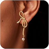 Risamil 14K Gold Plated/Silver Earrings for Women Trendy, Dainty Bow Earrings for Women Cute Pearl Huggie Earring Hoops Twist Rope Bow Stud Pearl Dangle Cubic Zirconia Earrings Jewelry Gifts