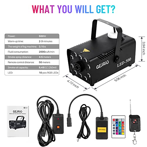 GEJRIO Fog Machine, 500W Smoke Machine with 16 Color Controllable