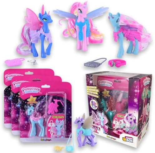 Funny Box Ponycorn Fashion Dress, Spielzeugtiere für Kinder, 3-teilig, Pony-Pferde-Spielzeug mit Zubehör und Kleidung zum Personalisieren – Spiele für Kinder, Geschenk für Mädchen und Jungen