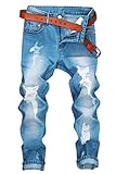 Men's Distressed Moto Biker Jeans Straight Slim Fit Denim Pants - Ankle Length (US W34=Tag36(Asian Size), Light Blue)