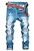 Men's Distressed Moto Biker Jeans Straight Slim Fit Denim Pants - Ankle Length (US W34=Tag36(Asian Size), Light Blue)