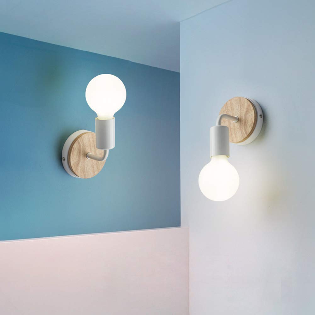 XIHOME 2 PACK White Wooden Decor LED Wall Light Up/Down Indoor Decorative Lamp,Rustic Country Vintage Loft Bedside Wall Sconce Fixture Fitting Retro Warm Edison Lamps E27 Bulb Socket Holder Max 60W