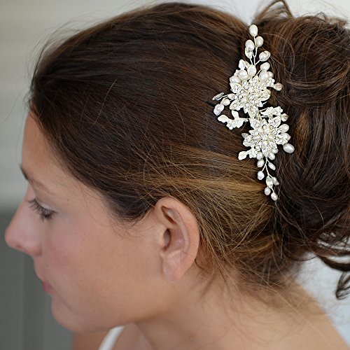 Mariell Genuine Freshwater Pearl Wedding Hair Comb - Designer Bridal Headpiece with Crystal Sprays