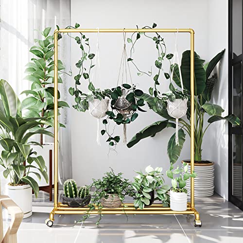 Gold Pipe Clothing Racks on Wheels Garment Rack with Bottom Shelf Heavy Duty Clothes Rack Hanging Rack Closet Organizer for Bedroom,Retail(Gold)