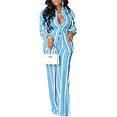 Rizorca Womens Striped 2 Piece Outfits Sets Casual Long Sleeve Button Down Shirt and Wide Leg Pants with Pockets