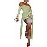 cu4eve Sexy Dresses for Women Date Night Prom Evening Cocktail Mesh Ruched Halter Bodycon Long Sleeve Mini Dress Party Club