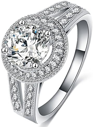 FENDINA Women's Jewelry Vintage Wedding Engagement Solitaire Rings 18K White Gold Plated Split Shank Anniversary Promise Rings for Her