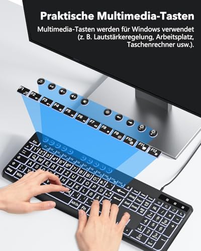 OMOTON Illuminated Keyboard, Cable PC Keyboard, QWERTZ White Illuminated with Large Pressure, 2 in 1 USB A/C for Seniors, Children, Visually Impaired for Windows with Multimedia Keys