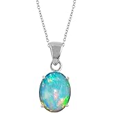 InfinityGemsArt Crystal Pendant - Real Ethiopian Opal Stone Oval Prong Pendant Necklace, Cabochon Gemstone, Birthstone, Healing Stones, Pendants for Friends, 925 Sterling Silver Chain 20 inch Jewelry