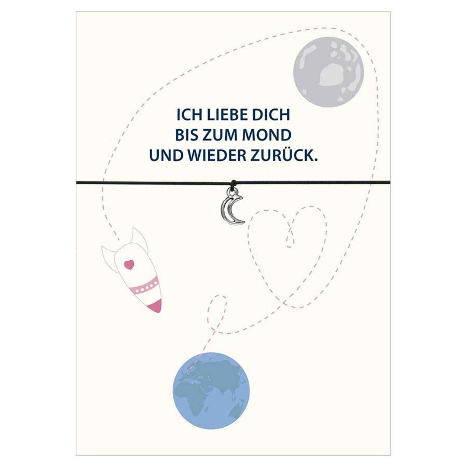 Glücksschmiedin Love bracelet with moon pendant, silver-plated, elastic textile band, loving card: Ich Liebe Dich bis zum Mond... black