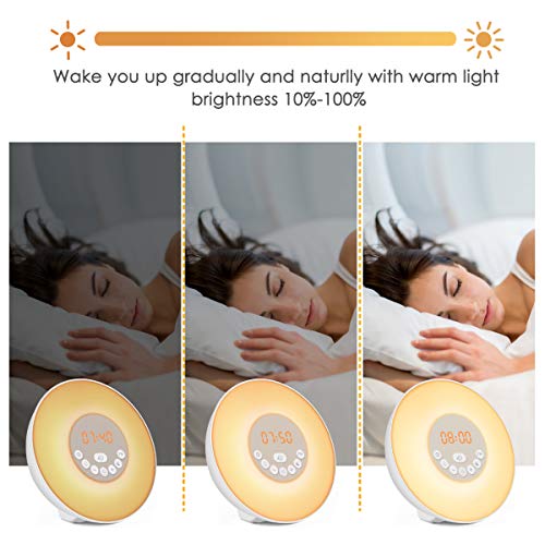 Sunrise Alarm Clock, Digital Clock, Wake Up Light with 6 Nature Sounds, FM Radio and Touch Control (White)