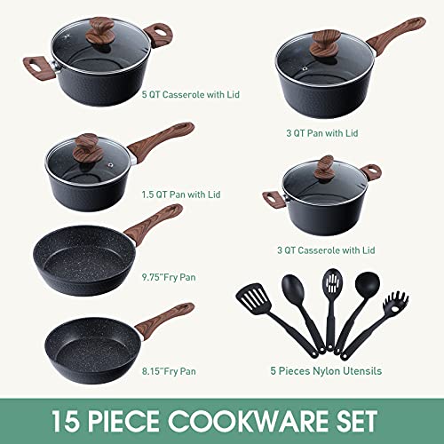 MAISON ARTS 15 Piece Nonstick GraniteCoated Cookware Set with 5 Pc Nylon Utensils,Suitable for