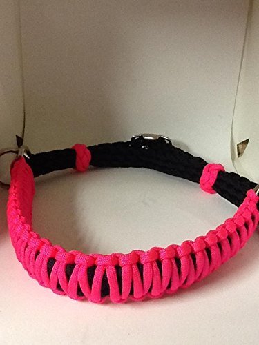 side pull hacakamore with a whoa bitless bridle attachment hot pink and black
