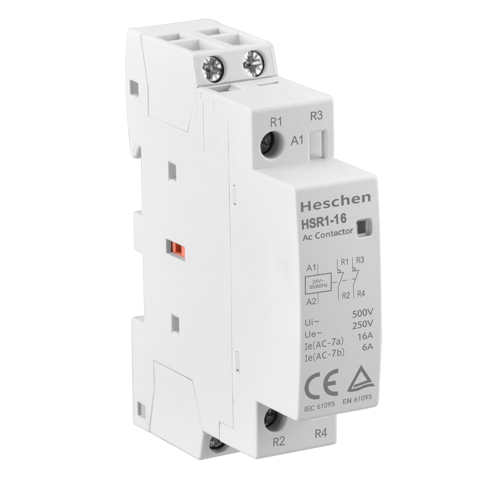 Heschen Household AC Contactor, HSR1-16, Ie 16A, 2 Pole, 2NC, AC 24V Coil Voltage, 35mm DIN Rail Mount