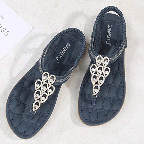 Mysky Summer Women Bohemian Crystal T-Strap Elastic Band Wedge Sandals Ladies Casual Comfy Flat Wild Beach Shoes Blue