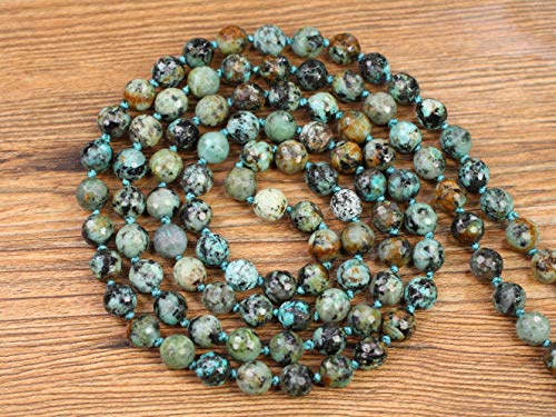 COAI OM Charm Hand Knotted Tassel 108 Mala Beads African Turquoise Stone Beaded Necklace