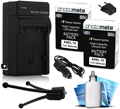 (2 Pack) PhotoMate EN-EL15 EL15 Ultra High Capacity Rechargeable Battery (2600mAh) + Rapid Home AC Wall Charger + Car Adapter + Euro Plug + Cleaning Kit + Mini Tripod for Nikon D600, D610, D750, D800, D800E, D810, D7000, D7100, 1 V1, 1V1 DSLR Digital Camera