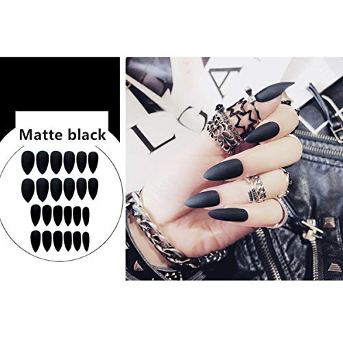 editTime 24PCS Solid Colors Acrylic Stiletto False Nails Full Cover Fake Nails Tips Natural Long Claw Nails (Matte black)