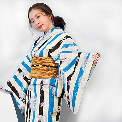 Amazon 浴衣 大きいサイズ 小さいサイズ レディース ゆかた 大人 浴衣単品 トリコロールマリンii ｓサイズ ｔｌ ｗｌ ２ｌ ジュニア 白 ホワイト 黒 青 シェル ストライプ ぽっちゃり サイズ 大正浪漫 古典 レトロ 女性 大人浴衣 アンココンtl マリンブルー