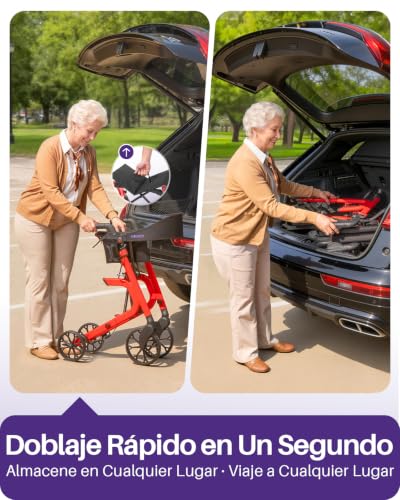 Kekoy K2 Elderly Walker with Aluminum Folding Seat, Height Adjustable, 400 lbs Load, Adult Walkers with 44cm Seat Cushion, Backrest and Storage Bag, Red