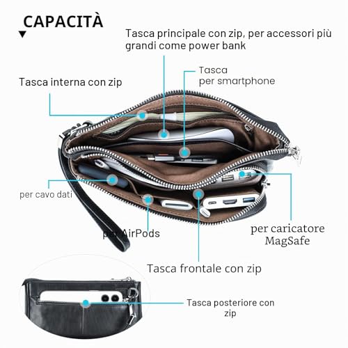 CONTACTS Pochette da viaggio da uomo in vera pelle con cinturino da polso, portafoglio passaporto con cerniera e tasca con cerniera, Portafoglio borsa a mano grande capacità per telefono