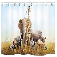 KOTOM Wild Animals Shower Curtain, Large Group of African Safari Animals, Polyester Fabric Bath Curtains with Hooks 69W X 70L Inches