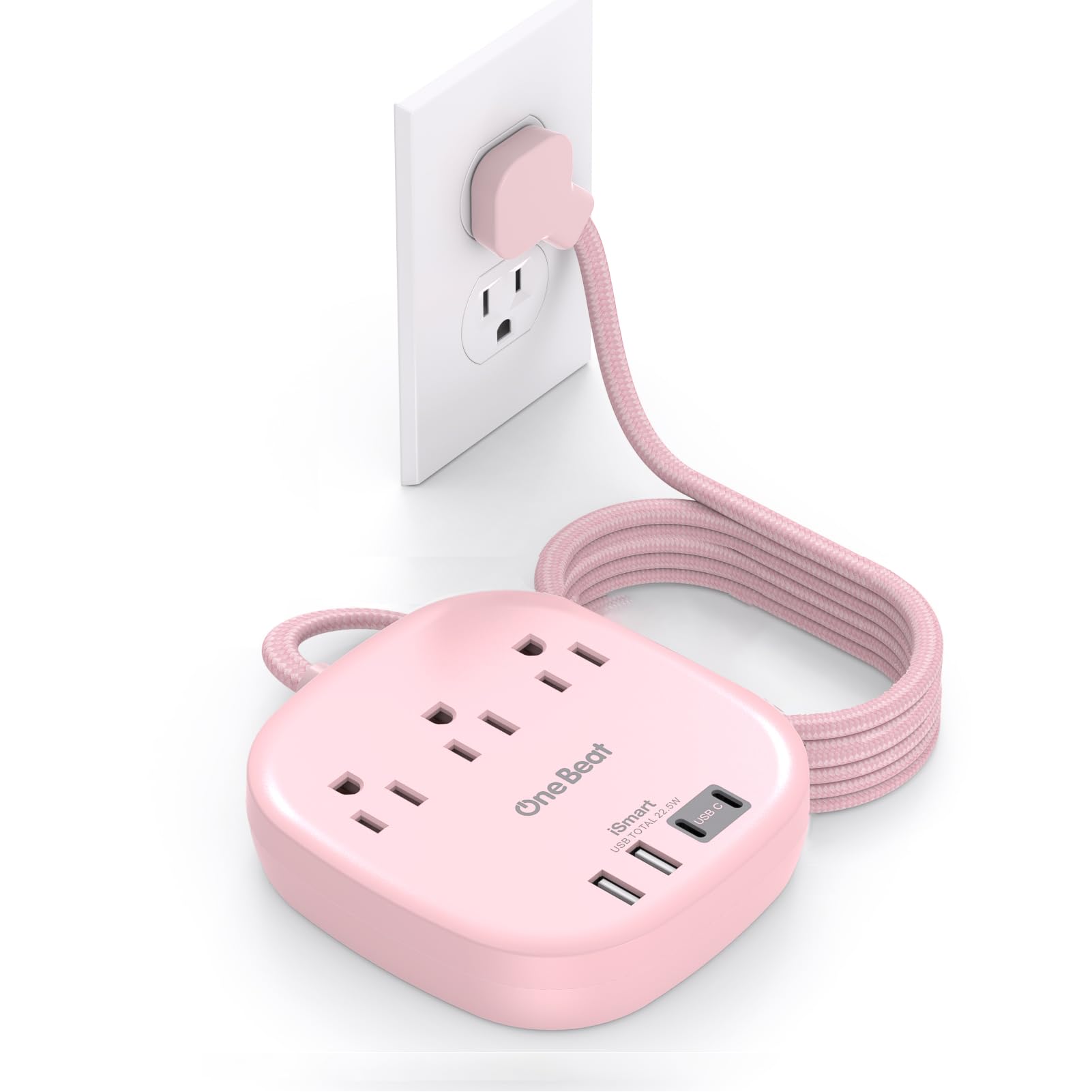 Photo 1 of 10Ft Flat Plug Power Strip, Pink Flat Extension Cord - 3 Outlets 4 USB Ports (2 USB C) Desktop Charging Station, Cruise Ship Power Strip with No Surge Protection for Travel, Dorm Room Essentials