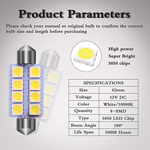 LEDKINGDOMUS 20pcs 42mm 8SMD Festoon 10000K LED Interior Map Dome Lights Bulbs 211-2 578 (Cool White)