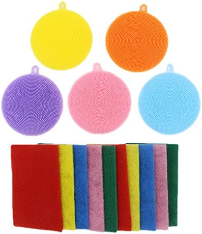 Antibacterial Silicone Dish Scrubber Brush - 5 Pack Antibacterial Silicone Dish Scrubber and 10 Pack Scouring Pads for kitchen Wash Pot Pan ,Fruit and Vegetable