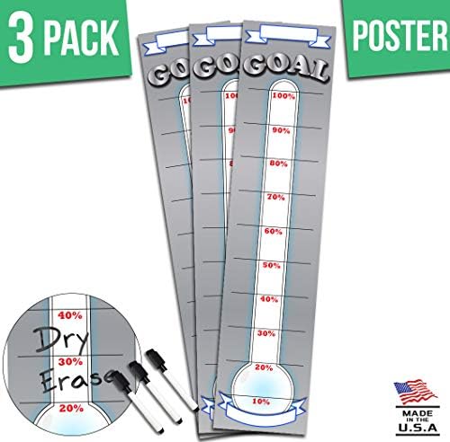 Goal Setting Fundraising Donation Thermometer - 3 Pack - 48" x 11" - Dry Erase Reusable Paper Poster - Fundraiser Milestone Company Goals Chart - Office Wall Temperature Posters Charts (Grey)