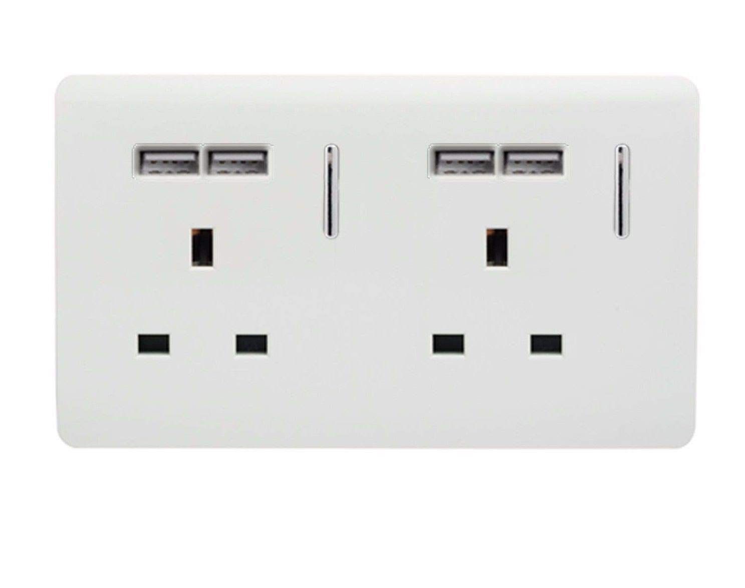 Trendi 2 Gang Artistic Modern Glossy Screwless Raised 13 Amp 240v Short 4 USB Type A Charging Points Double Chrome Switched Electrical Wall Plug Socket Ice White - ART-SKT213USBWH