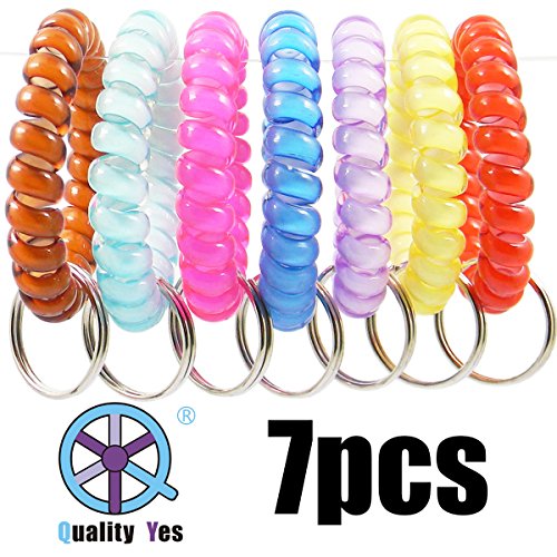QY 7pcs Colorful Bright Crystal Colors Plastic Spiral Coil Wrist Band Key Ring Chain